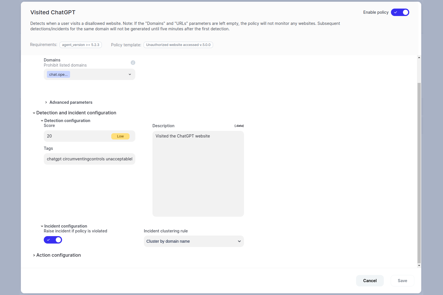 a screenshot from Reveal configuring a policy for ChatGPT