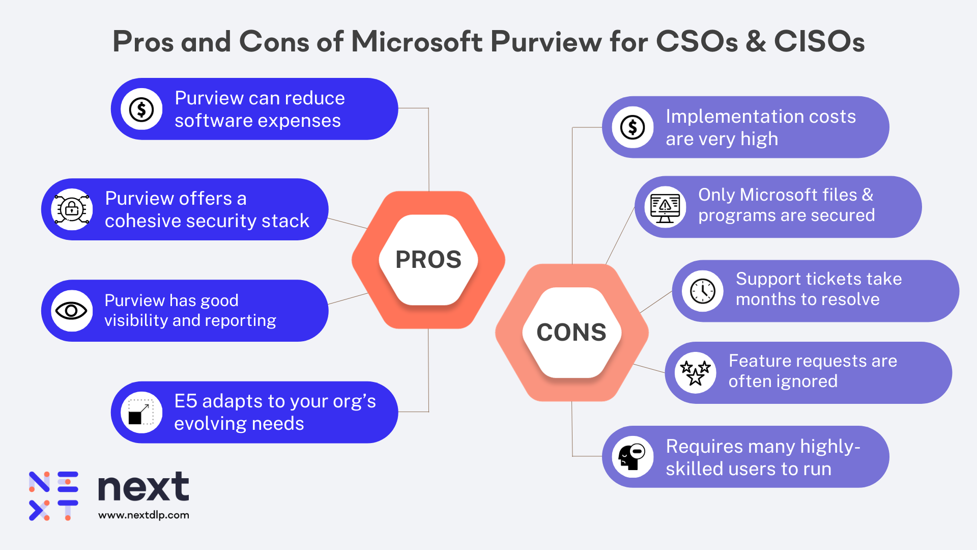 An infographic weighing the benefits and shortcomings of Microsoft E5 and Purview.